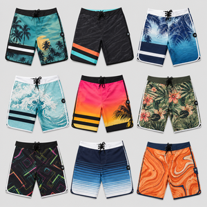 Shorts de plage imprimés pour hommes, séchage rapide, cordon de serrage, taille mi-haute, en polyester tissé, longueur courte, imprimé par transfert thermique avec bande latérale - Product Image 1