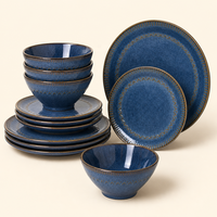 Service de table en grès céramique haut de gamme 12 pièces, glaçure réactive bleue, durable, réutilisable, écologique, vente en gros rapide