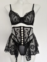 Ensemble de lingerie sexy en dentelle noire, soutien-gorge à armatures avec broderie florale transparente, jupe à jarretelles taille haute, 3 pièces, sous-vêtements érotiques pour femmes