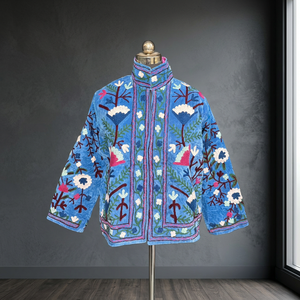 Stunning Blue Velvet Floral Suzani Embroidered Jacket Royal Boho High Neck <b>Coat</b> Handmade Designer Winter Wear For Women - Product Image 2
