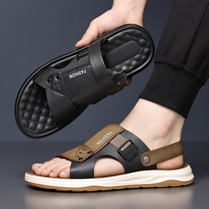 Men's Genuine Leather Flat Sandals Open Toe Rubber Outsole Anti Slip Casual <b>Beach</b> <b>Shoes</b> - Product Image 3