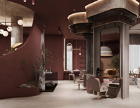 Ensemble de mobilier sur mesure pour salon de coiffure : comptoir de réception, poste de coiffage et vitrine