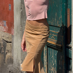 Falda retro de pana con bordado floral, falda ajustada con volantes de longitud midi, estilo Y2K para chicas modernas. - Product Image 5