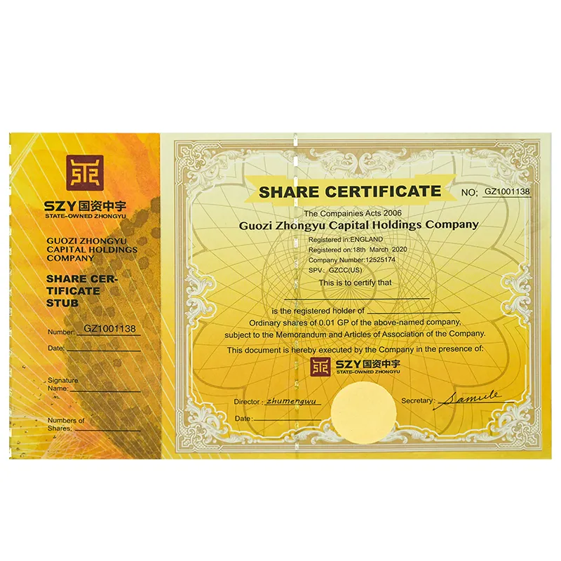 Özel damgalama baskı filigran kağıdı holografik anti-sahte Diploma stok güvenlik sertifikası ile Metal iplik hattı