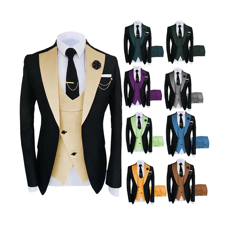 Set di abiti da uomo Design personalizzato 3 pezzi gilet Blazer Set Wedding Business abiti da uomo monopetto formale da uomo in poliestere