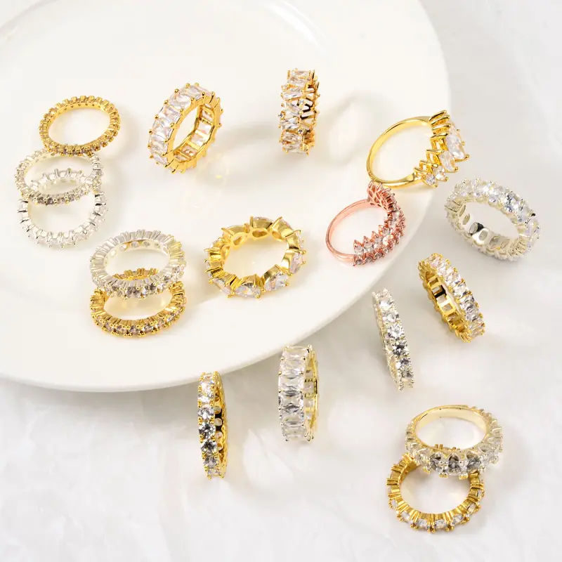 Fashion Fine Jewelry Custom 18K Gold Plated Women Eternity Band Ring CZ Diamond Baguette Cubic Zirconia Rings For Women