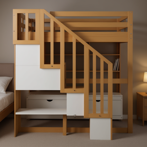 Lit mezzanine pleine taille avec bureau intégré, étagères, deux tiroirs de rangement, escalier, design moderne, en bois de pin, modèle D0100HABMY7 - Product Image 2