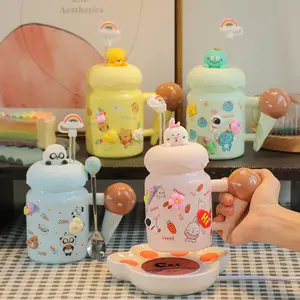 Niedliche Cartoon Donut Keramik becher mit Deckel Löffel Wasser flasche Neue heiße Aufkleber 450ml Kinder milch Keramik Kaffeetasse