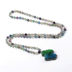 El último diseño de collar de perlas de CB48168 hermoso arco iris fluorita anudada ronda cuentas con colgante collar - Product Image 1