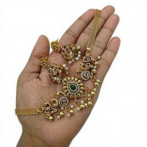 Ensemble de collier traditionnel ethnique de qualité supérieure plaqué or avec pierres, plaqué or antique, bijoux de mariage et de fête - Product Image 1