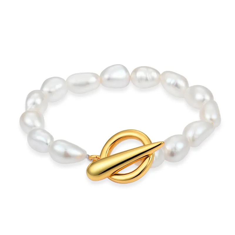 Bracelet bijoux en argent sterling plaqué or 18 carats bracelet de perles d'eau douce de nature irrégulière chaîne de perles bracelet de perles d'eau douce