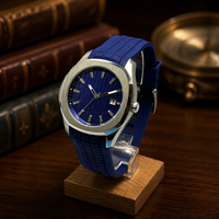Montre octogonale pour hommes, boîtier en argent brossé, fenêtre de date, bracelet en Silicone bleu marine rainuré, montre-bracelet étanche, style Business Casual