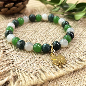 Gaya Boho empat daun semanggi liontin 8mm batu akik putih alami & lumut batu akik manik-manik beruntung gelang untuk wanita - Product Image 5