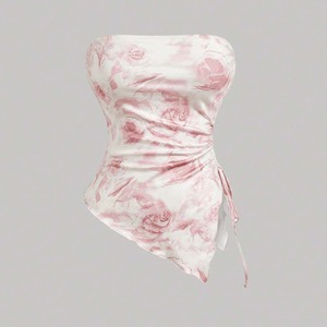 Haut court bustier rose vintage à motifs floraux, froncé sur les côtés avec cordon de serrage, ourlet asymétrique irrégulier, coupe ajustée, style décontracté pour les vacances - Product Image 1