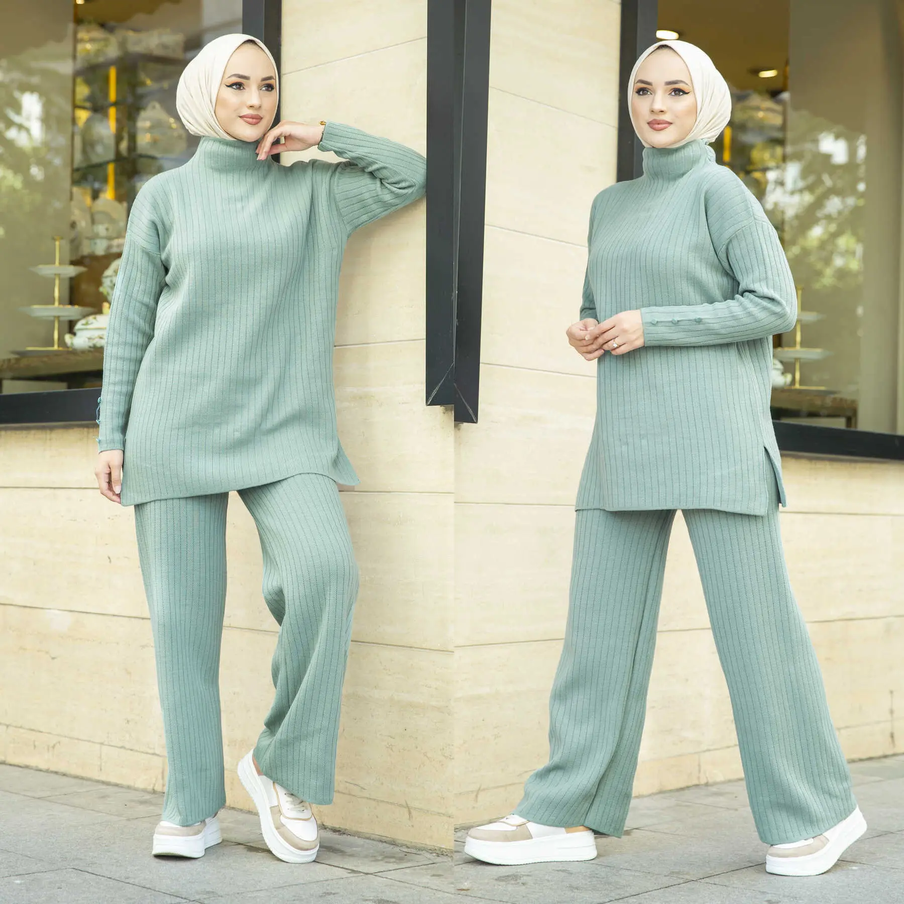 Nieuwe Moderne Islamitische Kleding Moslim Malaysia Herfst Winter Wollen Effen Kleur 2 Delige Set Vrouwen Abaya Set