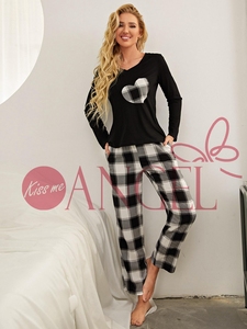 KISS ME ANGEL hot singolo nero a collo a V manica lunga con pantaloni a quadri bianchi e neri pigiama da <span class=keywords><strong>donna</strong></span> set due pezzi - Product Image 2