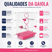 Cage à oiseaux en fil métallique blanc avec plateau inférieur coulissant rose, poignée de transport supérieure, jouet à anneau, perchoirs, mangeoires et bouteille d'eau pour perruche