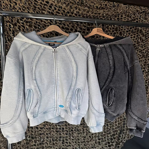 Biểu Tượng Tùy Chỉnh Cổ Điển Unisex Axit Rửa Áo Cho Nam Giới Zip up Thời Trang Dạo Phố Thêu In Ấn Cut-out Thiết Kế Axit Rửa Áo - Product Image 1