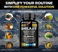 Gélules de Shilajit 8-en-1, Pur Complément de Shilajit de l'Himalaya 9000MG avec Ashwagandha Curcuma Champignon, Gélules de Shilajit OEM
