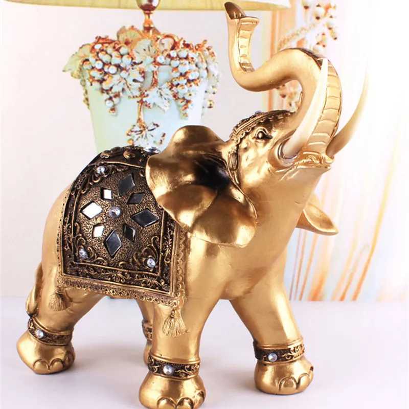 Estátua de elefante de resina dourada, enfeites de artesanato de riqueza, estatueta de elefante elegante para decoração de casa