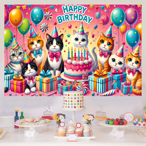 Toile de fond à thème <span class=keywords><strong>chat</strong></span> mignon, impressions de ballons de gâteau, toile de fond d'anniversaire, bannière pour la décoration de fête d'animaux de compagnie - Product Image 2