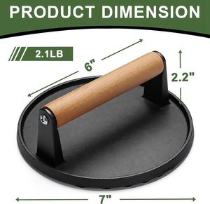 Prensa de hierro fundido para carne de 7 pulgadas, para smash <span class=keywords><strong>burgers</strong></span> y tocino, con mango de madera, 2LB, herramienta de cocina de alta resistencia, para marcar perfectamente las parrillas - Product Image 3