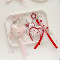 En gros, Porte-clés cœur en tissu rembourré, Breloque de sac avec ruban, dentelle et pompon, Pendentif cœur nœud papillon, Esthétique Coquette