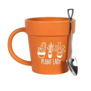 Custom Logo Terracotta Flower Pot Coffee Mug Cute Ceramic Plant Pot Mug with Shovel Spoon - Product Image 1