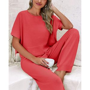 Ensemble de vêtements en tricot pour femmes Fisoew, haut court et pantalon taille haute, tenue décontractée rouge - Product Image 4