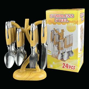 Ensemble de couverts de mariage en acier inoxydable avec manche en bois, couteau, fourchette, cuillère, 24 pièces, vaisselle de table pour la maison avec support - Product Image 6