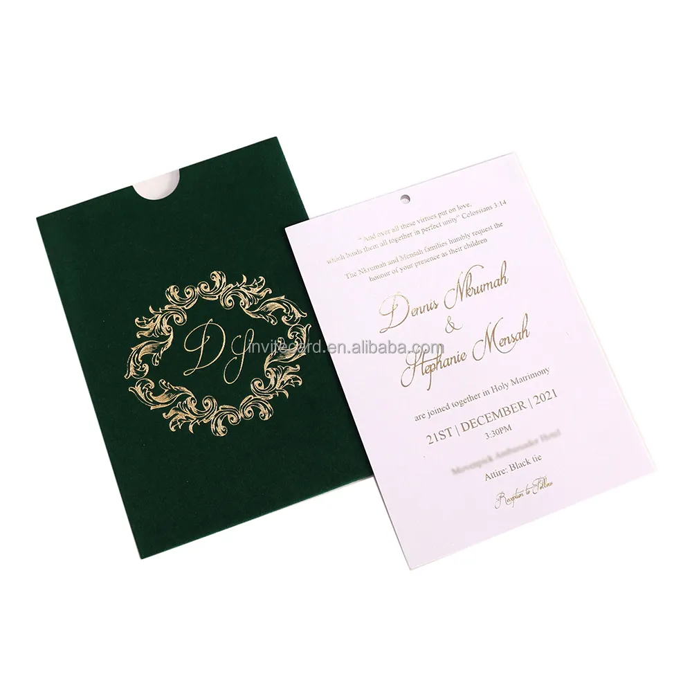 Blue Green Custom Print Invitation Card For Wedding Business Party With Stamped Floral Velvet Envelope And Tassel