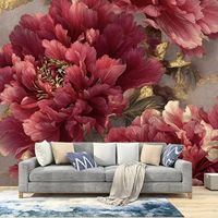 Peinture murale Art Déco de luxe, texture dorée, pivoine rouge, grande peinture à l'huile portrait, salon, chambre à coucher, intérieur moderne élégant