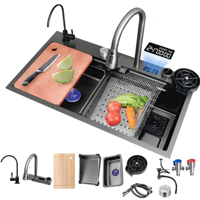 Évier de cuisine encastré intelligent en acier inoxydable brossé fait main, moderne, à cuve unique, épaisseur 3 mm, avec robinet noir nano à quatre trous