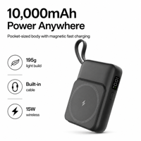 Batterie externe magnétique sans fil 10000 mAh avec câble USB-C intégré, sortie 22W, charge sans fil 15W, port USB-A, affichage numérique, portable