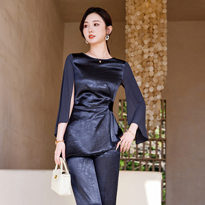 Women's Purple Suit Set 2025 Spring Summer Solid Color Satin Two Piece Casual Breathable Wide Leg Pants Yq8667 - Product Image 3