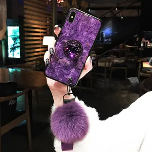 Casing Pemegang Kristal Mewah DIY, + Bola Bulu + Tali Casing Ponsel untuk Samsung Galaxy S8 S9 Note 8 9 TPU Dana Bling Coque