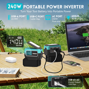 2 ชิ้น 240W อินเวอร์เตอร์เพียวไซน์เวฟสำหรับแบตเตอรี่มากี<span class=keywords><strong>ต</strong></span>้า 18V AC 120V ช่องเสียบ USB-C บ้านและเครื่อง<span class=keywords><strong>ใช้</strong></span>ในบ้านแคมป์ปิ้งเดินป่า - Product Image 3