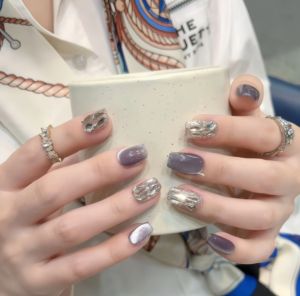 <span class=keywords><strong>Ongles</strong></span> à presser en acrylique dégradé pleine couverture, style français, motif ciel étoilé violet, incrustés à la main, avec <span class=keywords><strong>colle</strong></span> pour doigts - Product Image 1