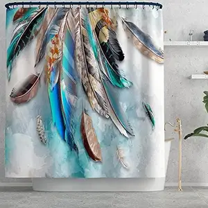 Cortina de ducha con estampado de plumas, con 12 ganchos visillo de baño, impermeable, rotativo, de poliéster, bohemio