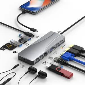 אלומיניום Usb 14 ב 1 סוג C טעינת מתאם נקבת Usb-C רכזת זכר טלפון כדי VGA HDMI RJ45 אישית לוגו