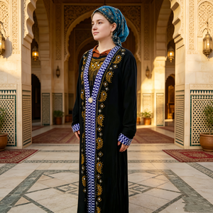 Abaya Negra Bordada para Mujer de Oriente Medio, Manga Larga, Cuello en V, Largo hasta el Suelo, Patrón Geométrico, Uso Diario Modesto, Algodón, Corte Holgado - Product Image 1