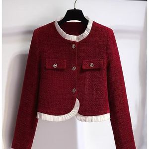 Women's Cropped Contrast Ruffle Trim Round Neck Button Front Casual Formal <b>Top</b> <b>Coat</b> Fashion - Product Image 2