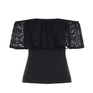 Camiseta Chic de Mujer con Hombros Descubiertos, Sin Cuello, de Encaje, Ajuste Regular, Elegante, de Manga Corta, Tejida, con Estampado Digital, Estilo Bodycon, para Verano - Product Image 6