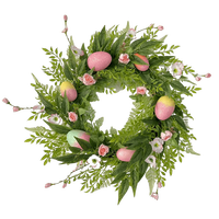 Couronne de Pâques artificielle de 22/24 pouces avec œufs colorés, lapins, fleurs et feuilles vertes pour la décoration de la porte d'entrée