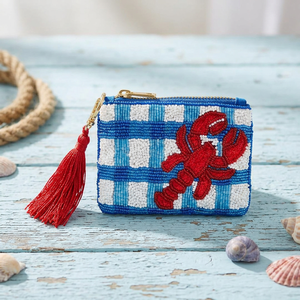 Monedero de cuentas azul y blanco con broche de langosta, mini bolso de mano bordado con borla y llavero para regalo y uso diario - Product Image 2