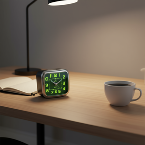 <b>Desk</b> Clock Alarm Silent Sweep Movement Green Face Square Design - Product Image 3