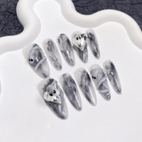Vente en gros de faux ongles de luxe faits à la main, forme carrée longue, fleurs 3D sculptées en soie, imprimé zèbre, strass, croix dorée