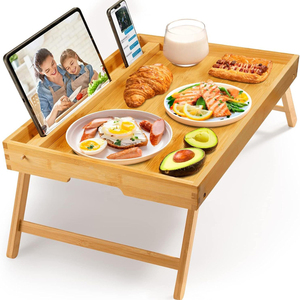 Table de lit en bambou avec pieds pliables, support pour téléphone et <span class=keywords><strong>tablette</strong></span>, plateau de petit-déjeuner, bureau pour ordinateur portable, plateau de service pour canapé, pour usage domestique - Product Image 1