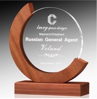 Plaque trophée en verre cristal vierge en forme ronde, avec gravure et impression de logo personnalisés, motif petite étoile, avec base en bois, vente en gros