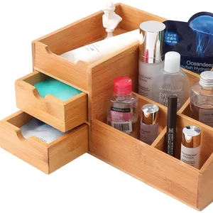 Makeup Organizer, Bamboo Wood Vanity Countertop Organizer Cosmetic Jewelry Storage Tray with Drawers for Bathroom